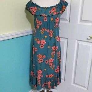 Blu Dahlia Green Pink Floral Off-Shoulder Garden Girl Cottage Ruffled Midi Dress